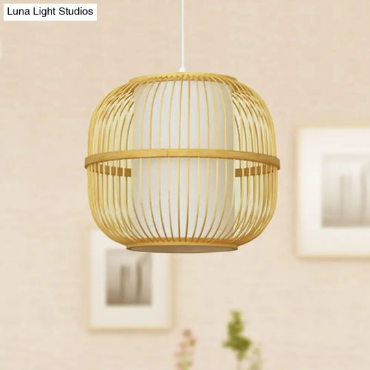 Contemporary Beige Bamboo Pendant Lamp With Inner Cylindrical Shade - 1-Light Ceiling Fixture