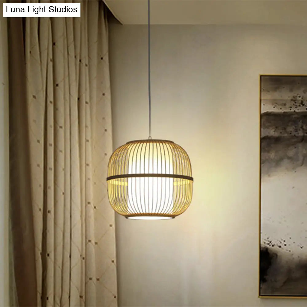 Contemporary Beige Bamboo Pendant Lamp With Inner Cylindrical Shade - 1-Light Ceiling Fixture