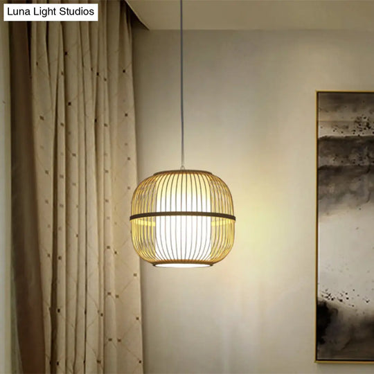 Contemporary Beige Bamboo Pendant Lamp With Inner Cylindrical Shade - 1-Light Ceiling Fixture