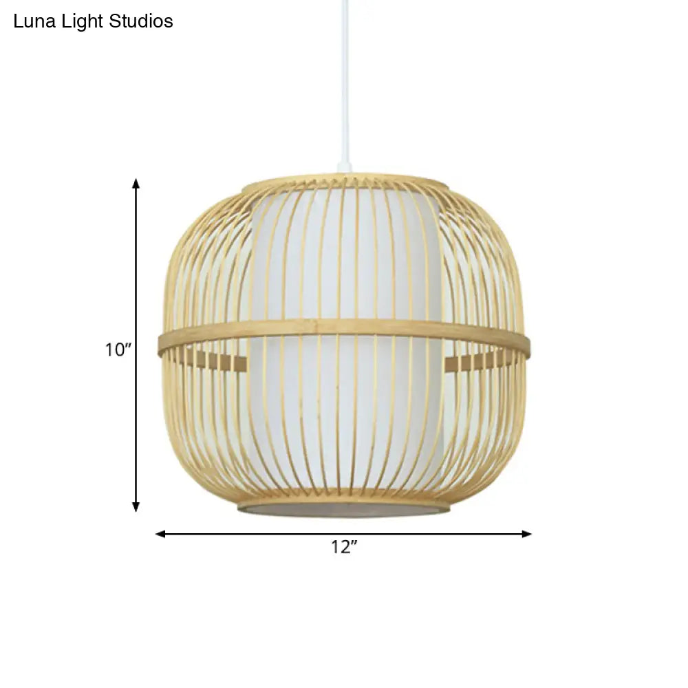 Contemporary Beige Bamboo Pendant Lamp With Inner Cylindrical Shade - 1-Light Ceiling Fixture