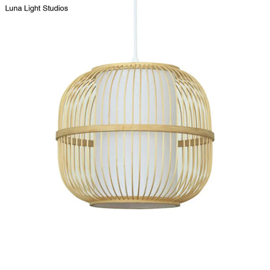 Contemporary Beige Bamboo Pendant Lamp With Inner Cylindrical Shade - 1-Light Ceiling Fixture