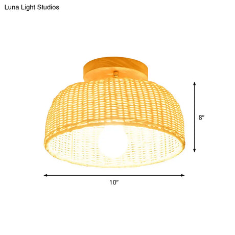 Contemporary Beige Bowl/Cylindrical Bamboo Ceiling Mount Light Fixture - 1 Head Semi-Mount Lighting