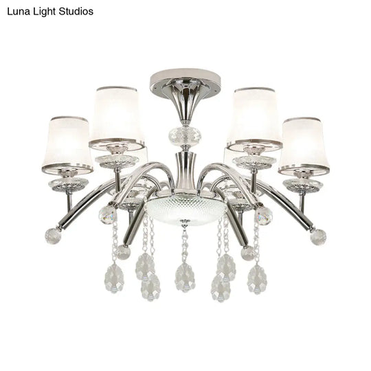 Contemporary Bell Semi Flush Mount Light With Crystal Drop - 6-Bulb Chrome In Frosted Glass