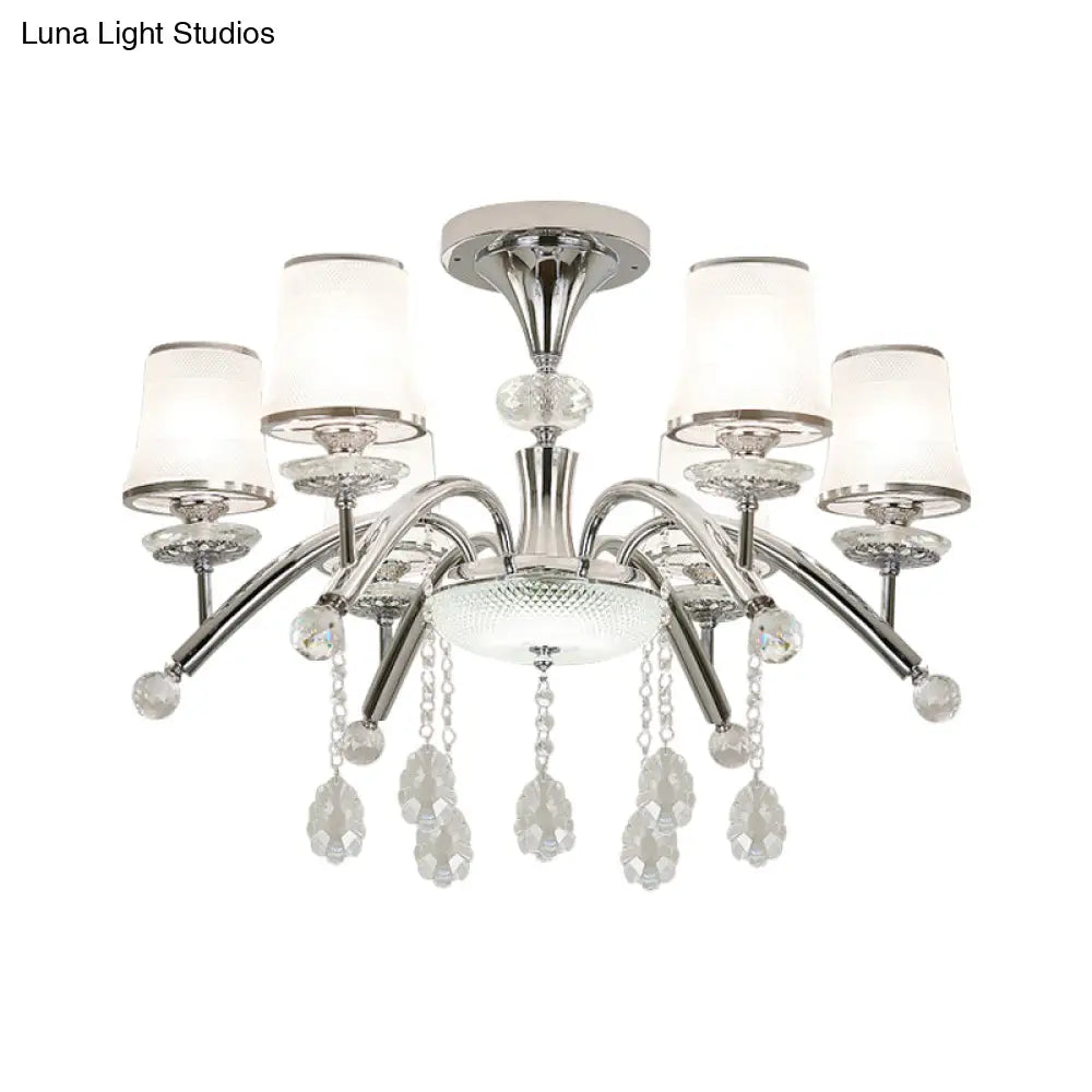 Contemporary Bell Semi Flush Mount Light With Crystal Drop - 6 - Bulb Chrome In Frosted Glass
