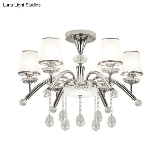 Contemporary Bell Semi Flush Mount Light With Crystal Drop - 6 - Bulb Chrome In Frosted Glass
