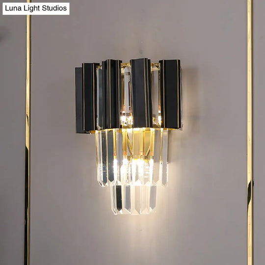 Contemporary Black Box Wall Lamp With 3 Clear Crystal Prisms & Tapered Bulbs