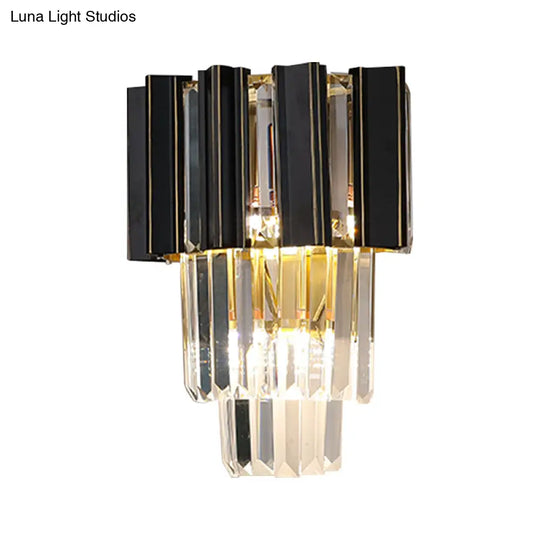 Contemporary Black Box Wall Lamp With 3 Clear Crystal Prisms & Tapered Bulbs