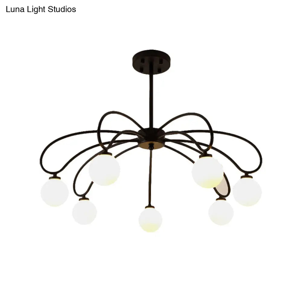 Contemporary Black Curved Arm Chandelier With Orbit Shade - 8 Light Metal Pendant