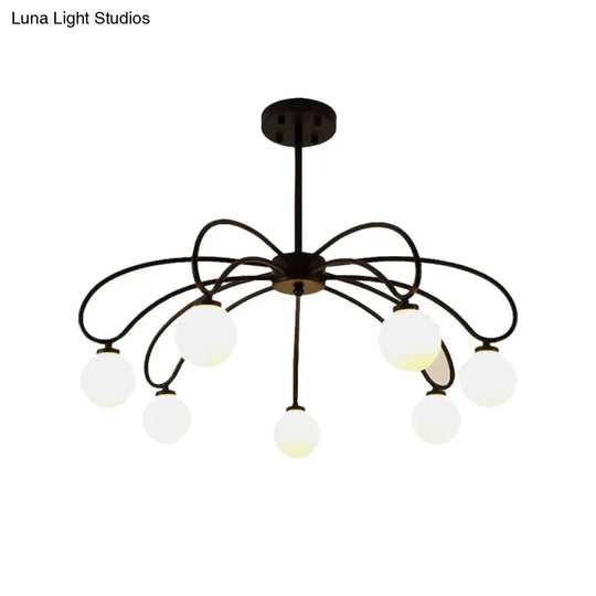 Contemporary Black Curved Arm Chandelier With Orbit Shade - 8 Light Metal Pendant