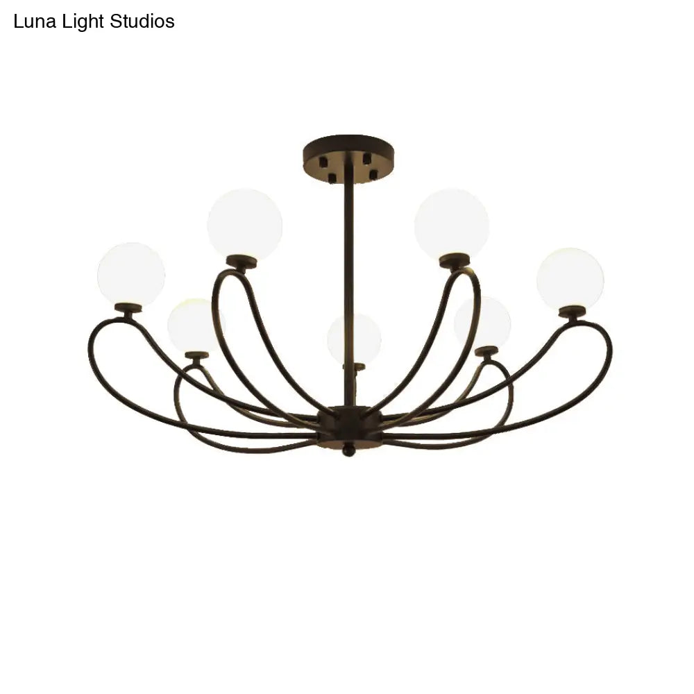 Contemporary Black Curved Arm Chandelier With Orbit Shade - 8 Light Metal Pendant