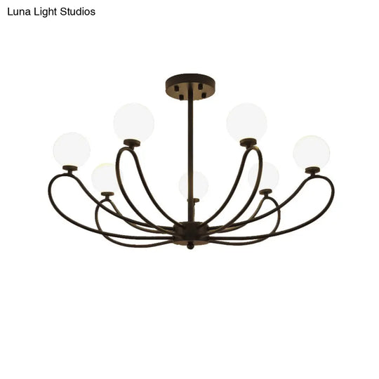 Contemporary Black Curved Arm Chandelier With Orbit Shade - 8 Light Metal Pendant