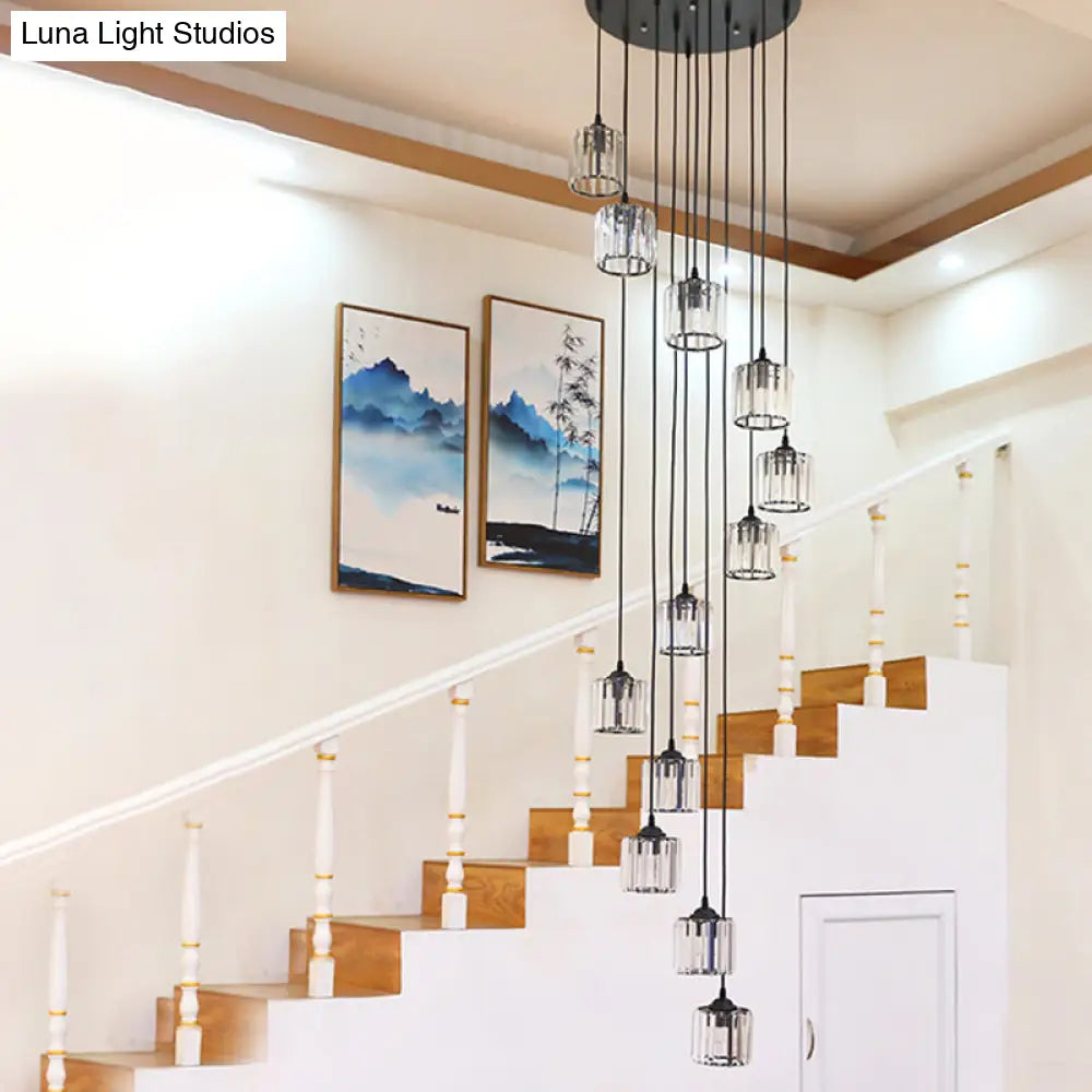 Contemporary Black Cylinder Crystal Pendant With 12 Lights - Perfect For Living Room Lighting