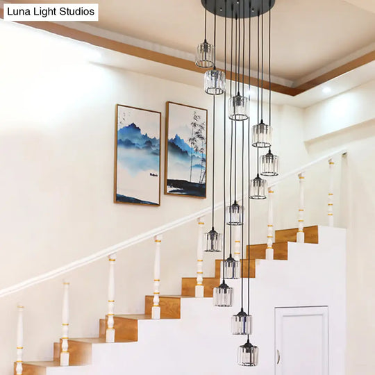 Contemporary Black Cylinder Crystal Pendant With 12 Lights - Perfect For Living Room Lighting