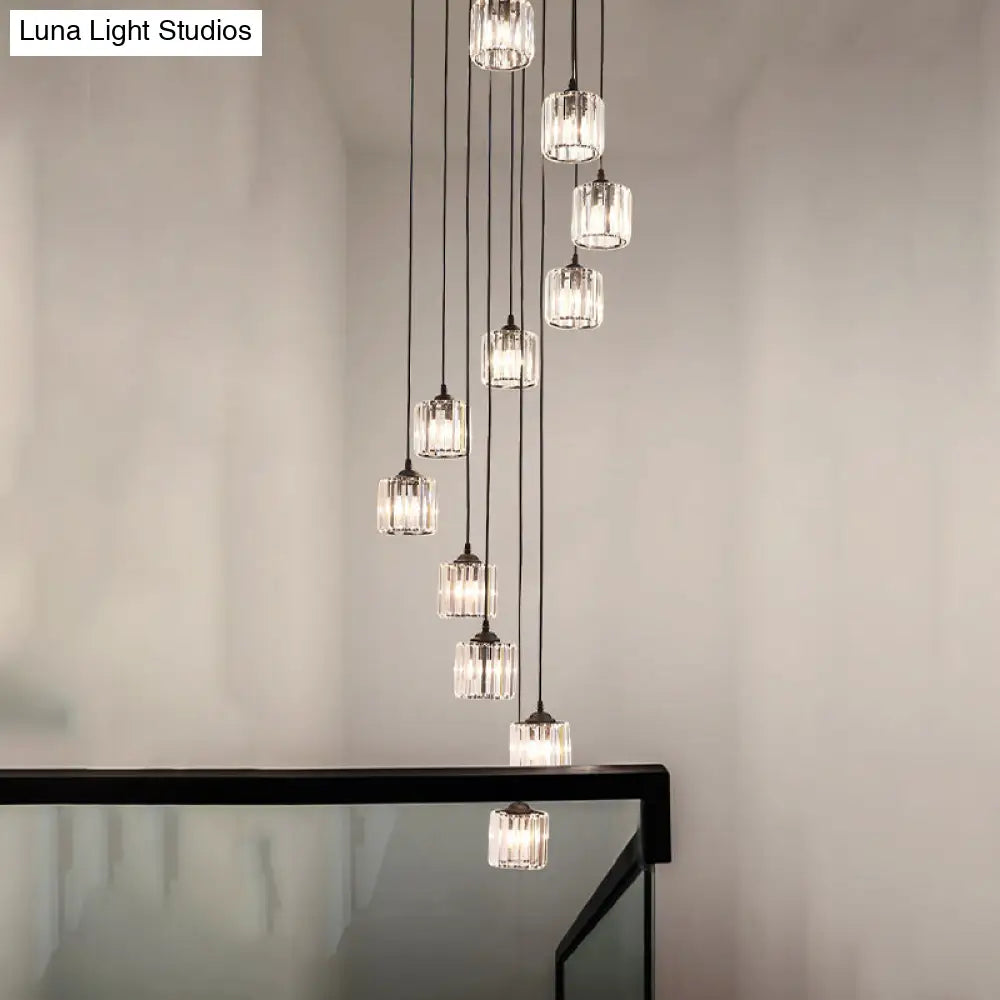 Contemporary Black Cylinder Crystal Pendant With 12 Lights - Perfect For Living Room Lighting