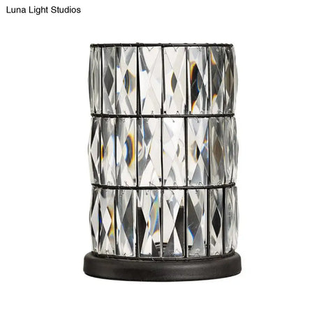 Contemporary Black Cylinder Night Lamp With Clear Crystal 1 Light For Living Room Nightstand