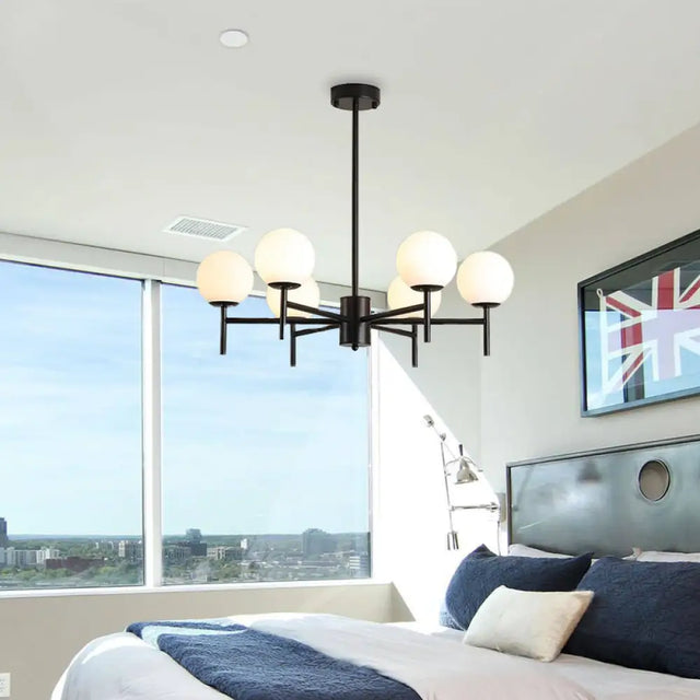 Contemporary Black/Gold Globe Chandelier with Radial Design - 6/8/9 Lights Milk Glass Hanging Lamp 6 / Black