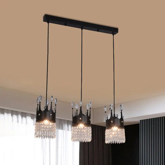 Contemporary Black Metal 3-Head Suspension Light With Crystal Draping For Dining Room / Linear