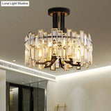 Contemporary Black Round Crystal Semi Mount Close To Ceiling Lamp With 6 - Bulb
