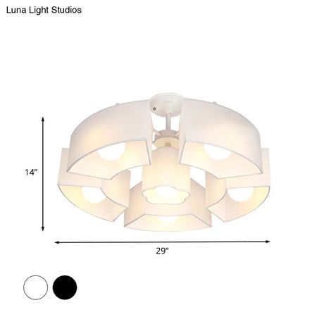 Contemporary Black/White Curved Block Flushmount Light With 6 Fabric Semi Mounts For Living Room