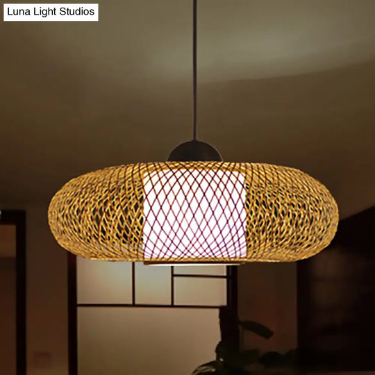 Contemporary Black/Wood Cross Woven Pendant Light With Drum Shade - 1 Head Bamboo Hanging Lamp