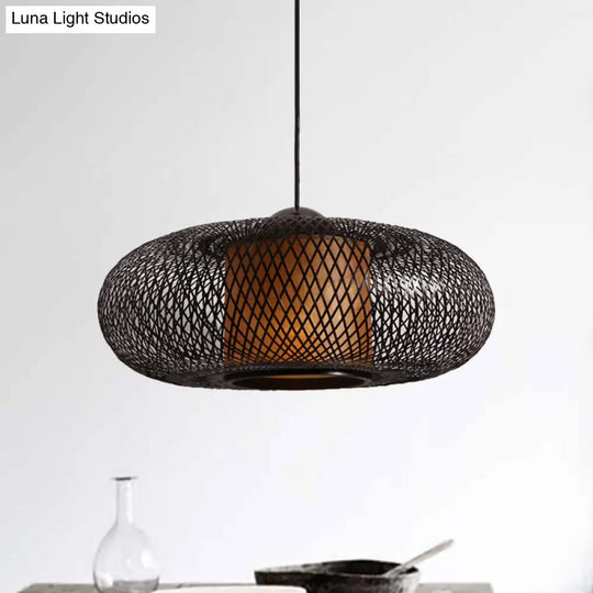 Contemporary Black/Wood Cross Woven Pendant Light With Drum Shade - 1 Head Bamboo Hanging Lamp