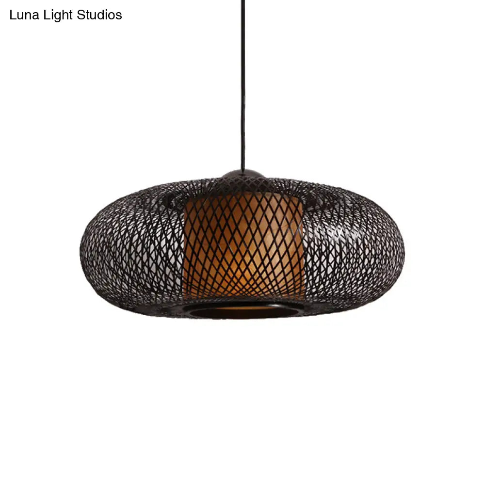 Contemporary Black/Wood Cross Woven Pendant Light With Drum Shade - 1 Head Bamboo Hanging Lamp