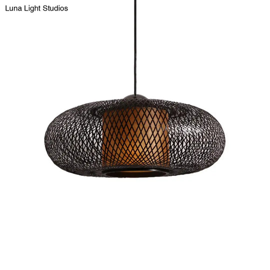 Contemporary Black/Wood Cross Woven Pendant Light With Drum Shade - 1 Head Bamboo Hanging Lamp