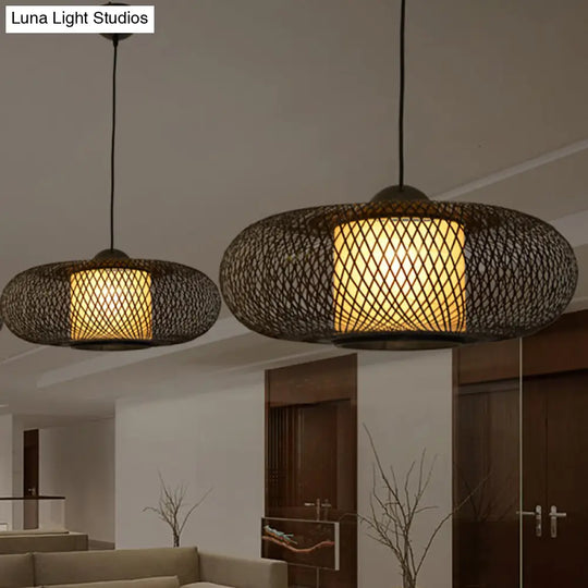 Contemporary Black/Wood Cross Woven Pendant Light With Drum Shade - 1 Head Bamboo Hanging Lamp