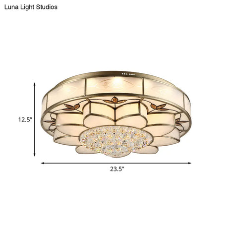 Contemporary Blossom Flushmount Lighting With Crystal Drop - 7 - Light Frosted Glass Ceiling Flush