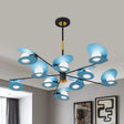 Contemporary Blue Disk Suspension Light Chandelier - Metallic Finish 10-Bulb Living Room Lamp with Hollow Out Design