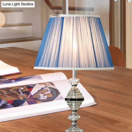 Contemporary Blue Nightstand Lamp With Clear K9 Crystal - Tapered Design 1 Bulb Ideal For Living