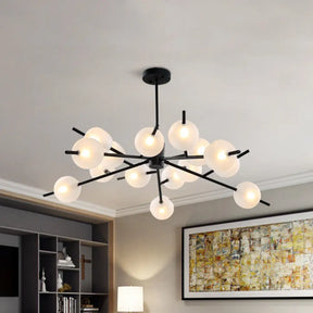 Contemporary Branched Pendant Lamp With 15 Metal Bulbs Black/Gold Finish And Frosted Glass Shades