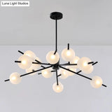 Contemporary Branched Pendant Lamp With 15 Metal Bulbs Black/Gold Finish And Frosted Glass Shades
