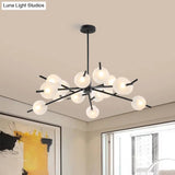 Contemporary Branched Pendant Lamp With 15 Metal Bulbs Black/Gold Finish And Frosted Glass Shades