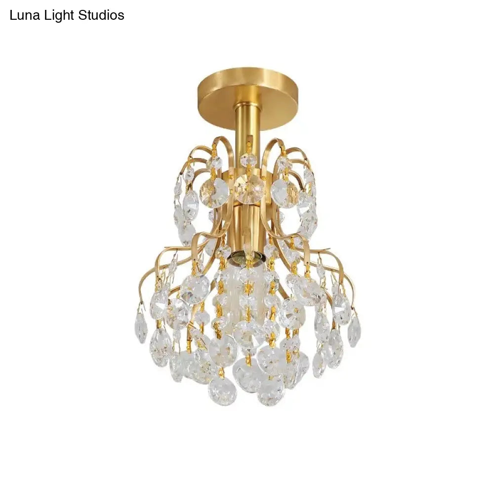 Contemporary Brass Ceiling Light With Bent Arm Frame - 1-Light Semi Flush Mount For Corridors