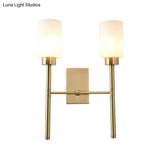 Contemporary Brass Sconce With White Glass Shade - Mounted Dual Bulb Wall Light