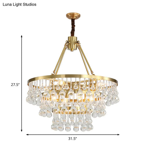 Contemporary Brass Tiered Chandelier With Led Crystal Orbs - Stylish Hanging Lamp For Living Room