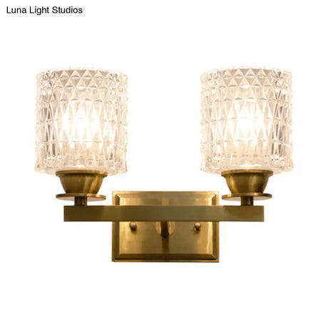 Contemporary Brass Wall Light Fixture With Lattice Glass For Corridor - Cylinder Shape