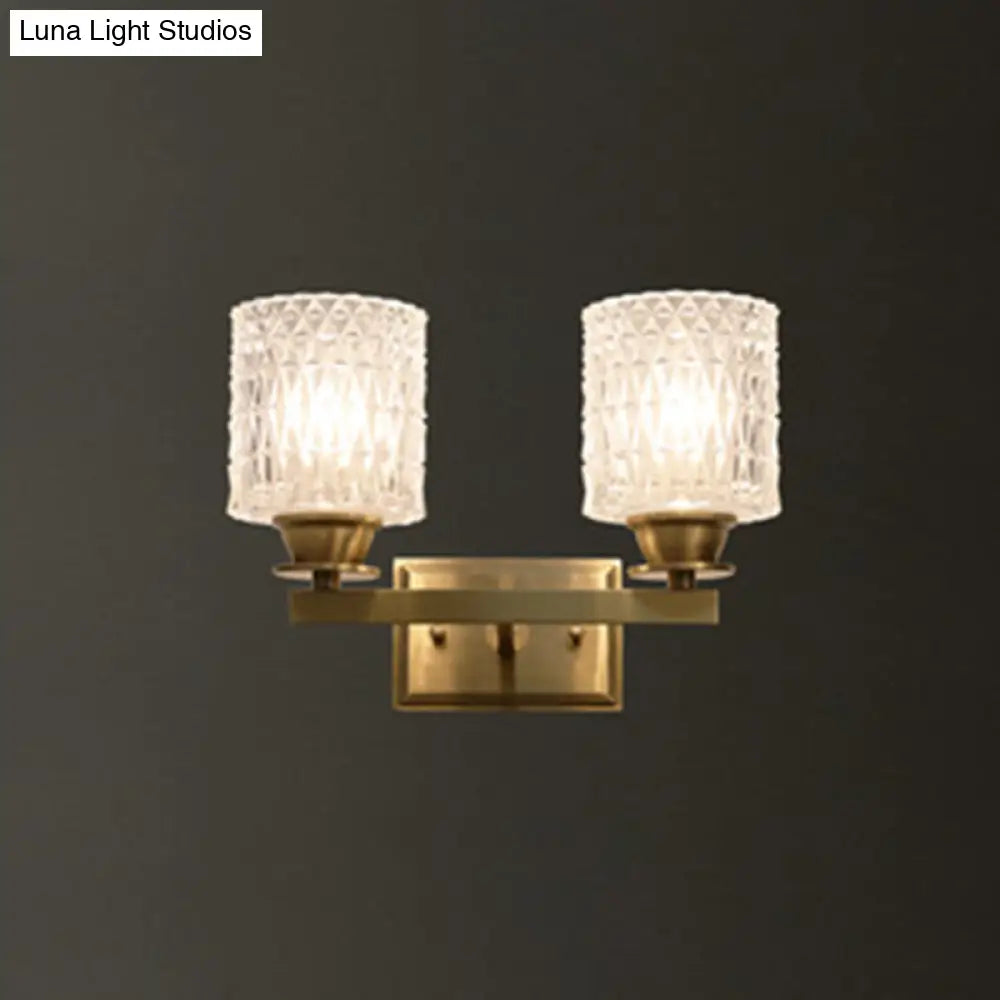 Contemporary Brass Wall Light Fixture With Lattice Glass For Corridor - Cylinder Shape