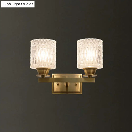 Contemporary Brass Wall Light Fixture With Lattice Glass For Corridor - Cylinder Shape