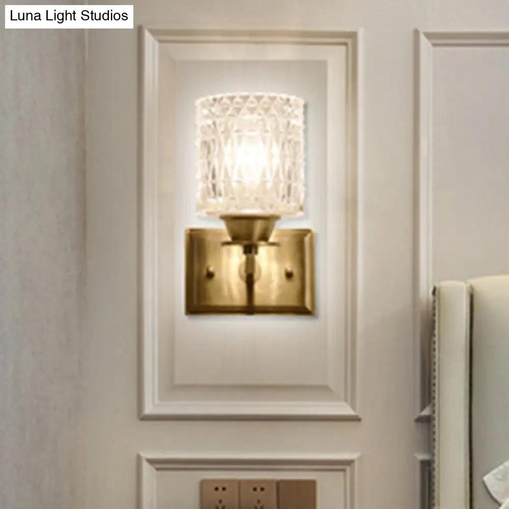 Contemporary Brass Wall Light Fixture With Lattice Glass For Corridor - Cylinder Shape