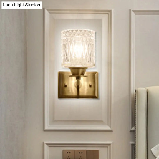 Contemporary Brass Wall Light Fixture With Lattice Glass For Corridor - Cylinder Shape