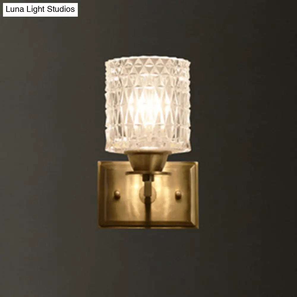Contemporary Brass Wall Light Fixture With Lattice Glass For Corridor - Cylinder Shape