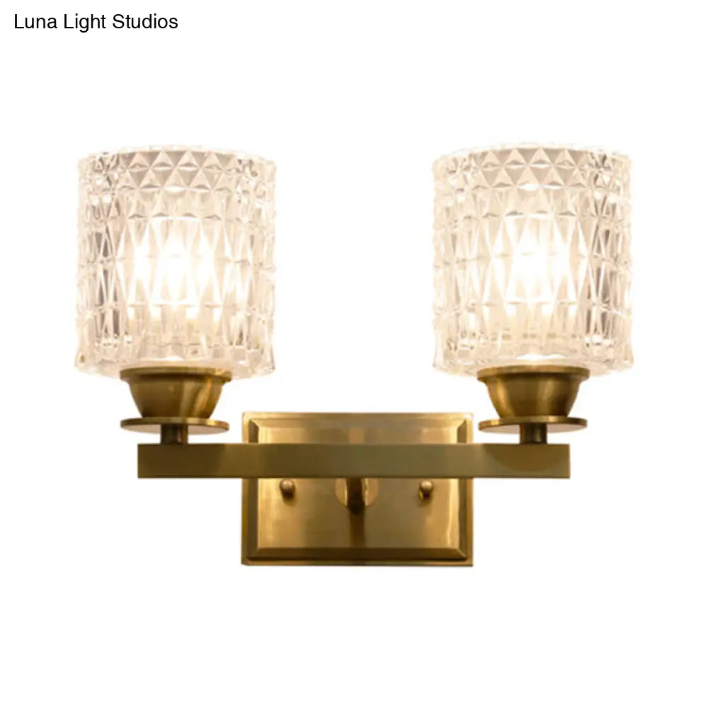 Contemporary Brass Wall Light Fixture With Lattice Glass For Corridor - Cylinder Shape