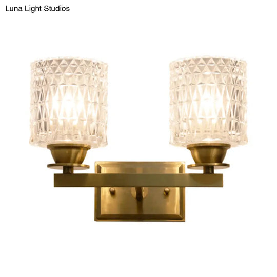 Contemporary Brass Wall Light Fixture With Lattice Glass For Corridor - Cylinder Shape