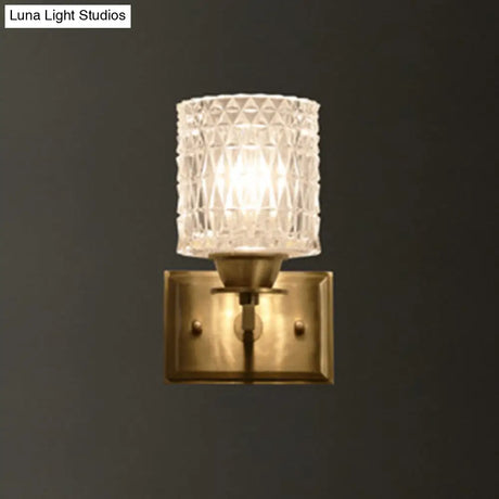Contemporary Brass Wall Light Fixture With Lattice Glass For Corridor - Cylinder Shape