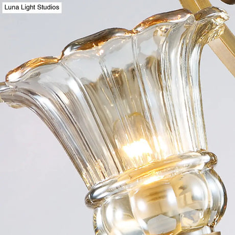 Contemporary Brass Wall Mount Light With Crystal Drop - Flower Bedroom Sconce
