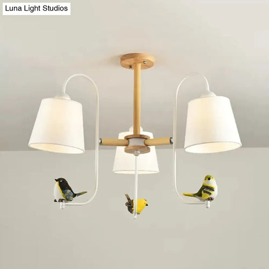 Contemporary Chandelier Light With Tapered Shade - Fabric & Wood Ideal For Child Bedroom
