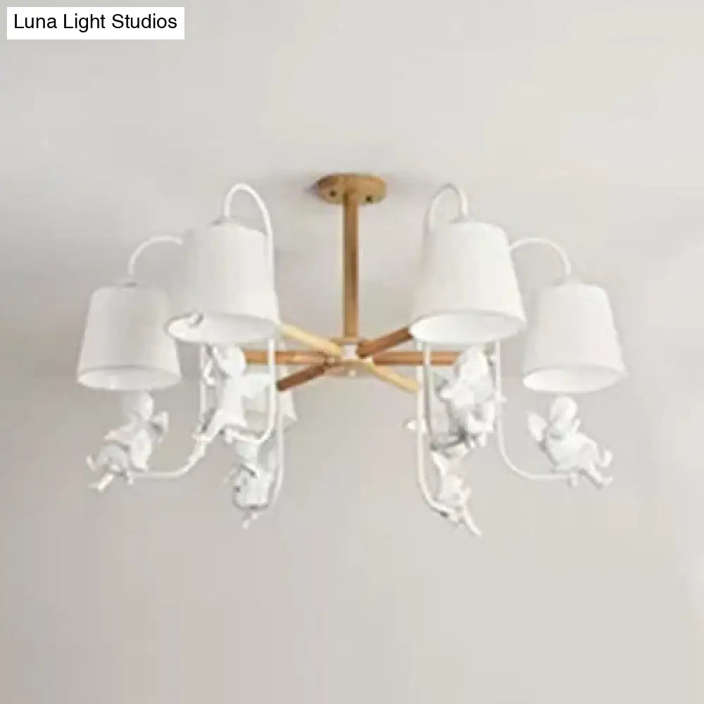 Contemporary Chandelier Light With Tapered Shade - Fabric & Wood Ideal For Child Bedroom