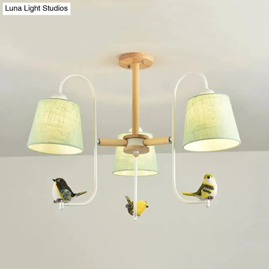 Contemporary Chandelier Light With Tapered Shade - Fabric & Wood Ideal For Child Bedroom